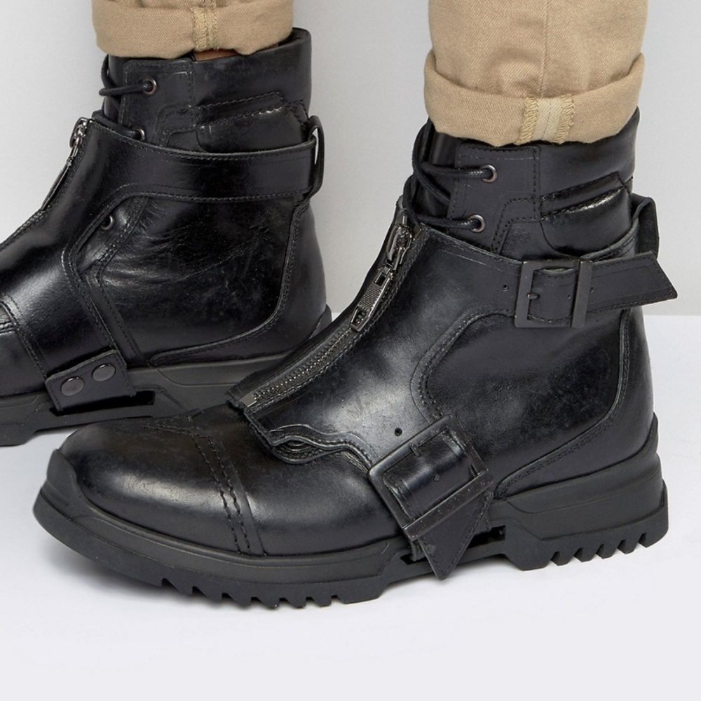 Diesel Black Leather Military Zip Strap Boots